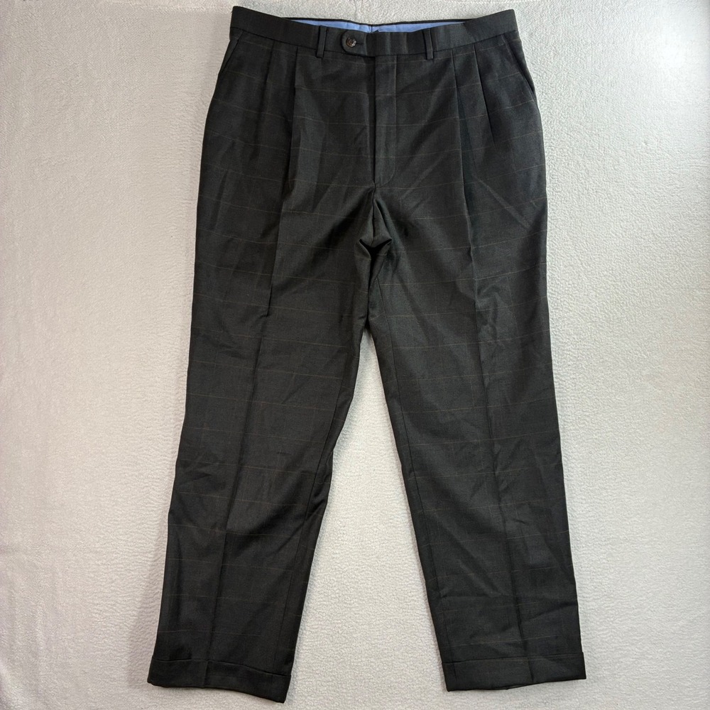 Orvis Wool Dress Pants Men 38x32 Gray Brown Windowpane Pleated Cuffed Trousers